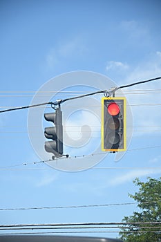 Traffic lights showing an red signal light.