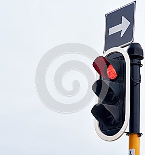 Traffic lights, stop and signal in urban area for mockup, safety and speed control in the city. Robots, metal and arrow