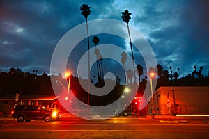 Traffic lights in the streets of Los Angeles at night