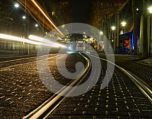 Traffic lights tram with longexposure in downtown germany