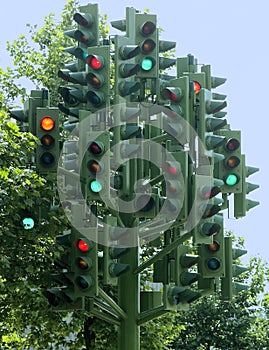 Traffic lights tree multiple traffic lights on a sculpture