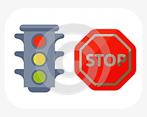 Traffic lights on white background and cartoon safety stop warning transportation danger urban signal vector