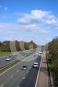 Traffic on M6 motorway, countryside, Lancashire