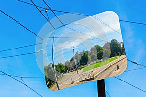 Traffic mirror reflects the Place de la Republique in Strasbourg, France