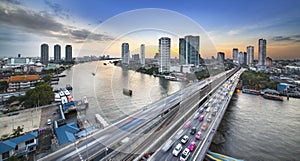 Traffic in modern city, Chao Phraya River, Bangkok, Thailand. photo