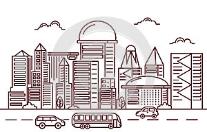 Traffic Modern City Skyscraper Building Cityscape Skyline Line Illustration