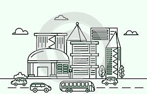 Traffic Modern City Skyscraper Building Cityscape Skyline Line Illustration