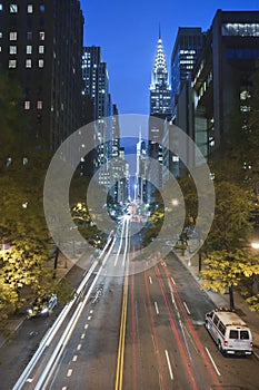 Traffic at night on 42nd Street, New York City photo