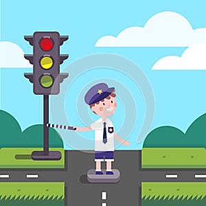 Traffic officer cop kid working on road crossing