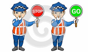 Traffic official cartoon with stop and go sign
