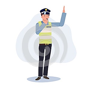 A traffic police blowing whistle and gesturing hand as stop . Flat vector cartoon illustration