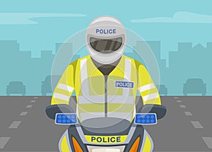 Traffic police officer riding motorcycle on the highway. Close-up view of motorcycle rider or biker wearing safety vest.