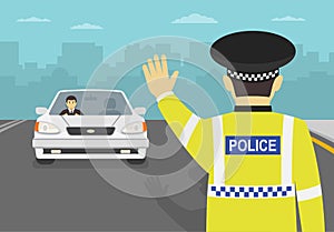 Traffic police officer stops the car and blocked the road. Standing in front of car. Flat vector illustration.