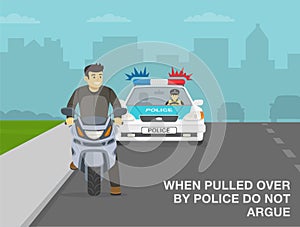 Traffic police officer stops a motorcycle rider. Happy male biker is looking back. When pulled over by police do not argue.