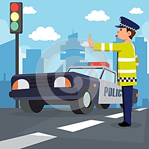 Traffic police signalling and police car background