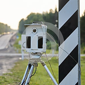 Traffic police speed camera standing on a highway in Russia close up