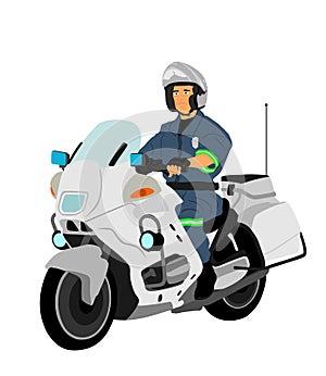 Traffic policeman officer on motorcycle on duty vector illustration isolated on white background.