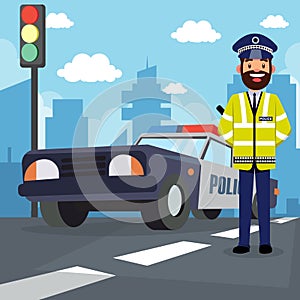 Traffic policeman and police car background