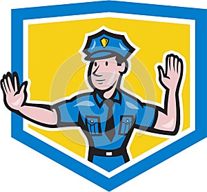 Traffic Policeman Stop Hand Signal Shield Cartoon