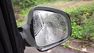 Traffic in Rain, Driving Car in Raining, Rainy Drops View on Mirror Window Glass, Storm on Road Highway, Bad Weather Journey Trip