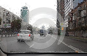 Traffic on the rainy day in the city