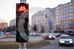 Traffic red light forbids bicycle to pass in city