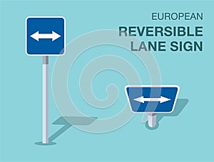 Isolated european reversible lane sign. Front and top view. photo