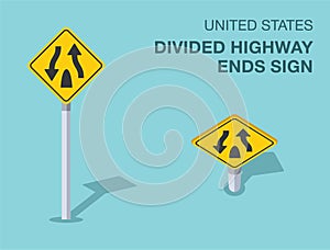 Isolated United States divided highway ends sign. Front and top view.