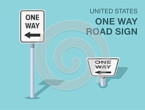 Isolated United States one way road sign. Front and top view.