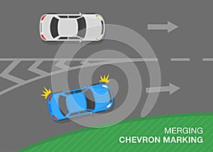 Traffic regulation rules and road marking meaning. Blue sedan car is entering the highway. Top view of a traffic flow on highway.