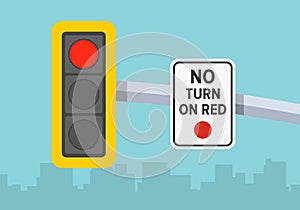Traffic regulations. Close-up view of a traffic signal and `no turn on red` sign.