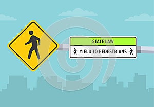 Traffic regulations and tips. Close-up view of a pedestrian crossing and yield to pedestrians state road sign.