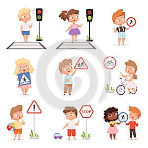 Traffic road education. School kids learning safety crossroad walking traffic lights and signs vector illustrations set