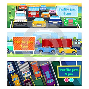 Traffic road jam vector transportation problems illustration at night and day city transport urban vehicle traffic-jam