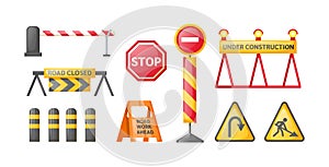 Traffic road repair barriers set. Safety barricade, roadblocks, warning alert signs. Construction fences, warning detour, repair photo