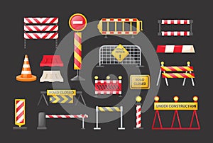 Traffic road repair barriers set. Safety barricade, roadblocks, warning alert signs. Construction fences, warning detour, repair photo