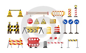 Traffic road repair barriers set. Safety barricade, roadblocks, warning alert signs. Construction fences, warning detour, repair photo