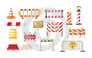 Traffic road repair barriers set. Safety barricade, roadblocks, warning alert signs. Construction fences, warning detour, repair