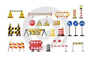 Traffic road repair barriers set. Safety barricade, roadblocks, warning alert signs. Construction fences, warning detour, repair