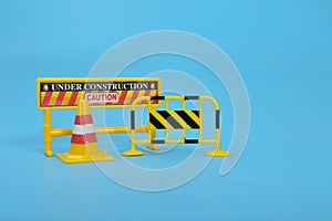 Traffic road repair barriers set with text under construction. Safety barricade, roadblocks, warning alert signs. Construction