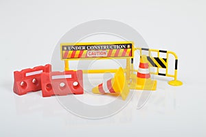 Traffic road repair barriers set with text under construction. Safety barricade, roadblocks, warning alert signs. Construction