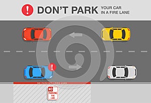 Traffic or road rule. Do not park your car in a fire lane warning design. Top view of a blue sedan car on no parking area.