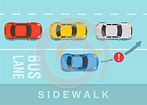 Traffic or road rules and tips. Top view of a city road with bus lane. Don`t cut off other vehicles.