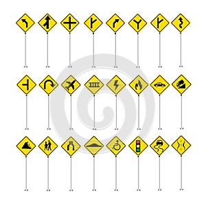 Traffic road sign collection vector set icons isolated on white background from intersection fire all standing yellow