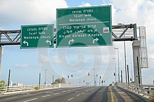 Traffic Road sign to Netanya East and West. Entrance to Netanya industrial zone in Israel.