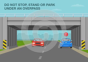 Traffic rules on highway, speedway, motorway. Do not stop, stand or park under an overpass.