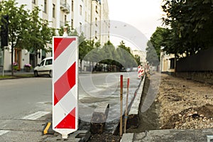 Traffic safety roadwork signs on the city street. Road contruction photo