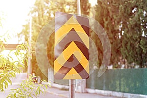 Traffic safety signs on city street road. direction movement sign outdoor. danger warning symbol on urban way for transport automo