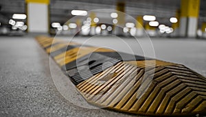 Traffic safety speed bump on an asphalt road in a parking area. Speed bumps or speed breakers are the common name for a family