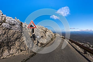 Traffic sign attention rock fall in Sveti Jure, Biokovo, Croatia